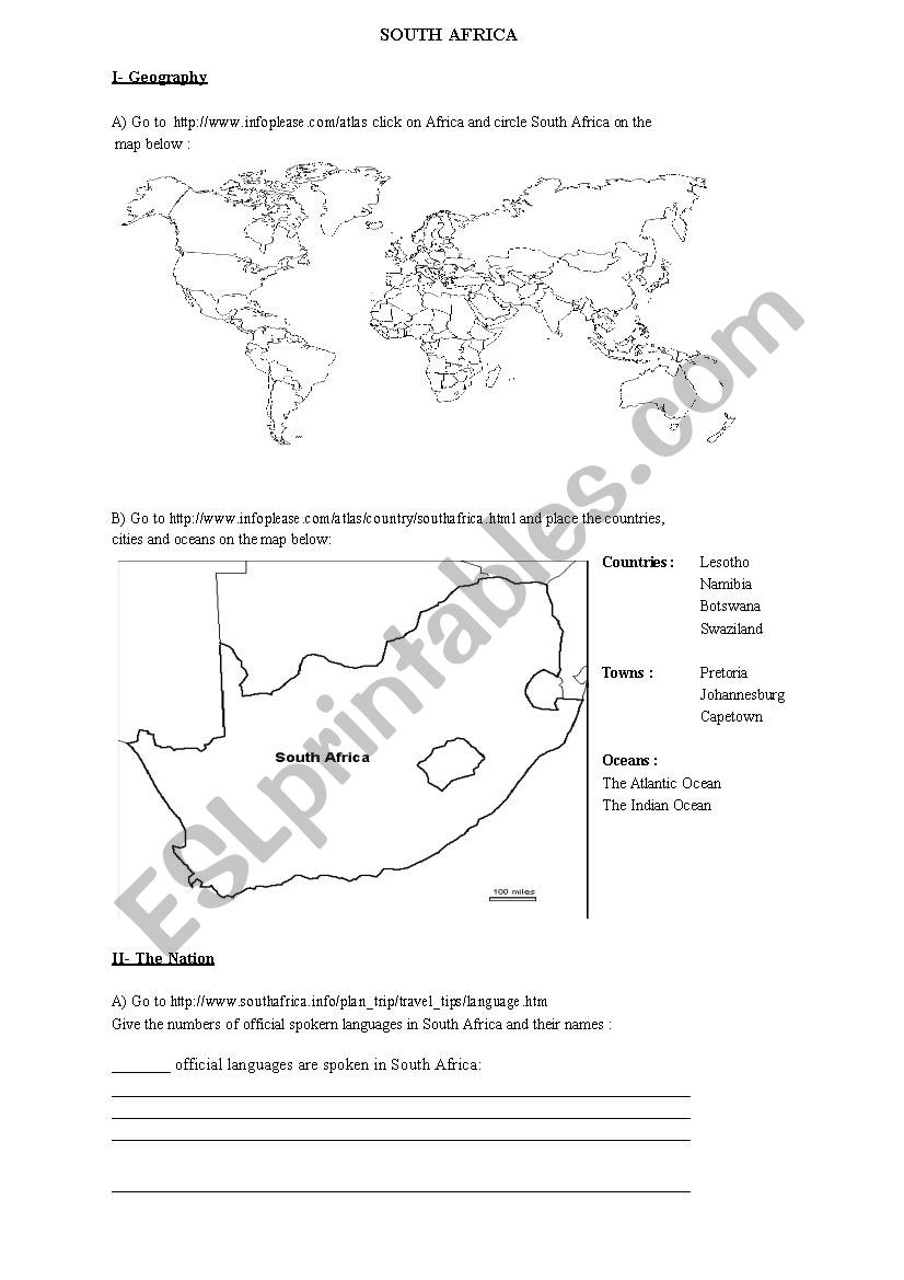 Webquest about South Africa worksheet