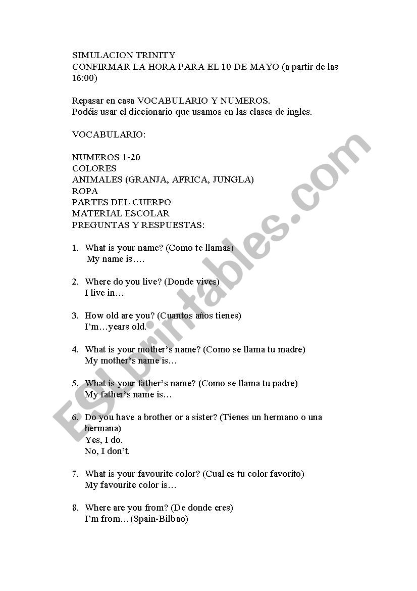 Trinity Gese exam grade 1 worksheet