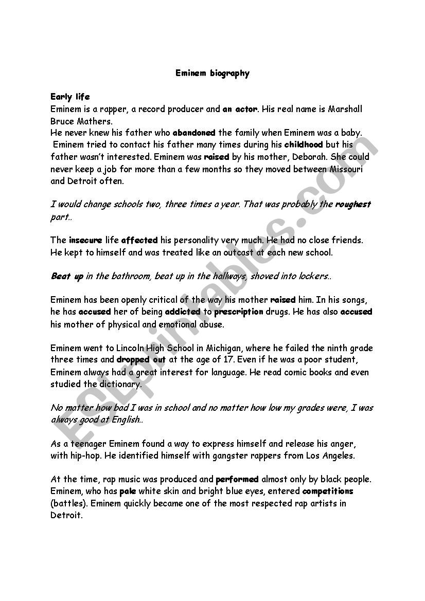 Eminem biography worksheet