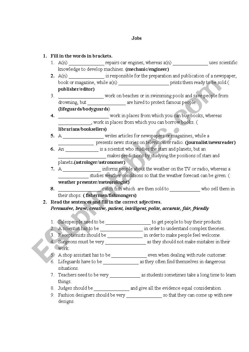 Jobs worksheet