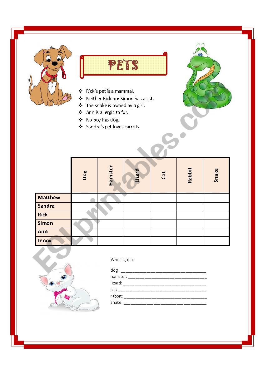 Logic Puzzle 7 - pets worksheet