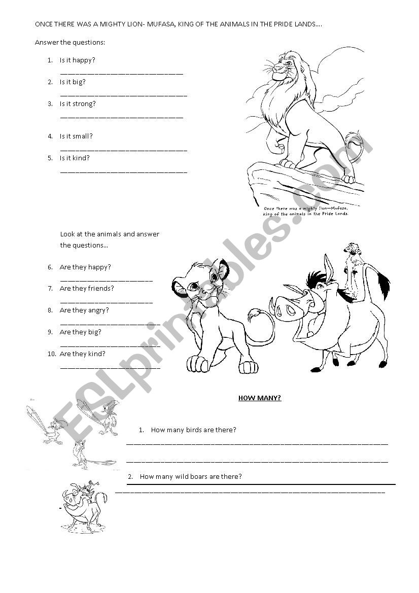 The Lion King Movie Worksheet: Answer questions/Animals vocabulary