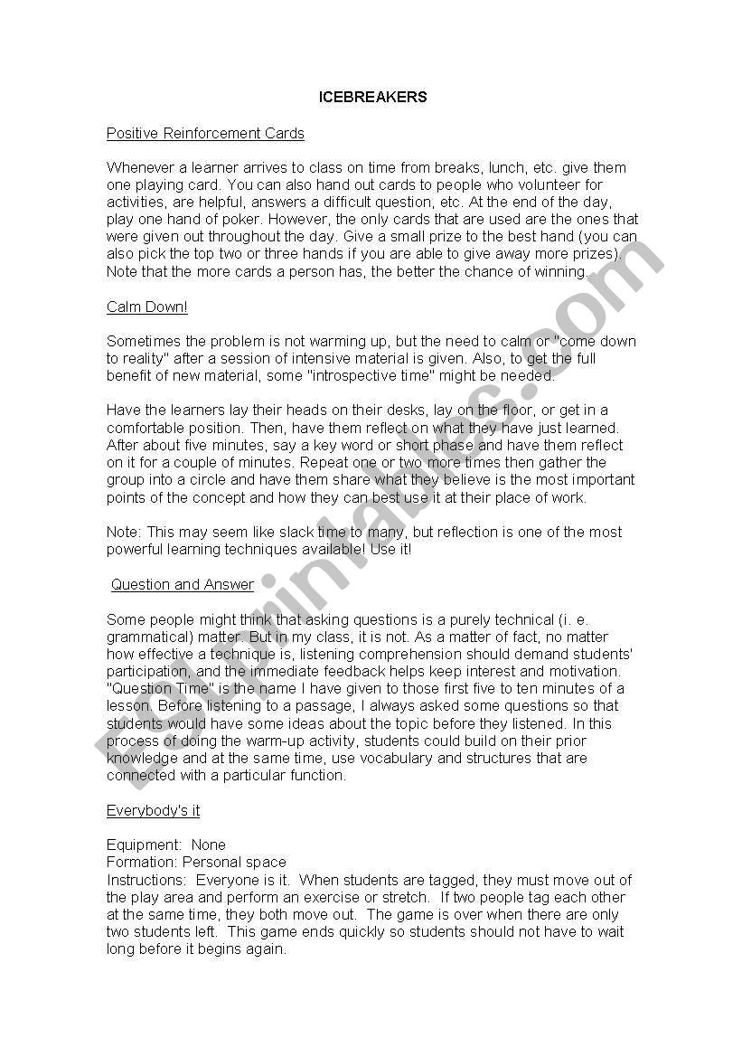Ice breakers worksheet