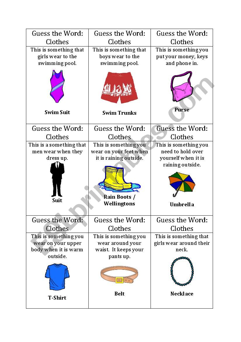 Guess the Word game clothes 2 ESL worksheet by breanne