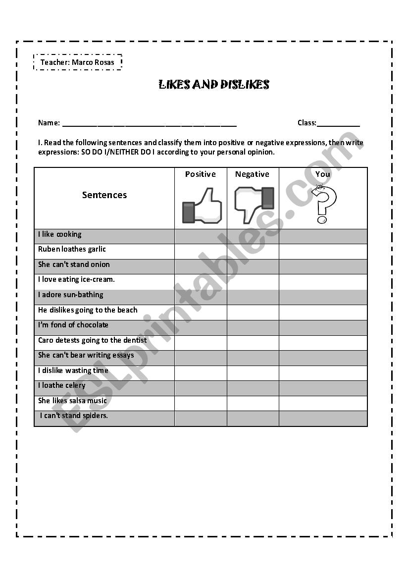 Expressing Likes and Dislikes worksheet