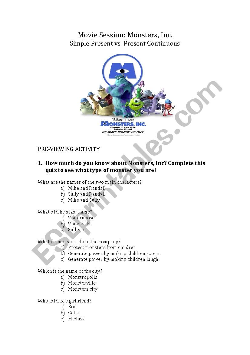 Movie Session Monsters, Inc. Simple Present vs. Present Continuous