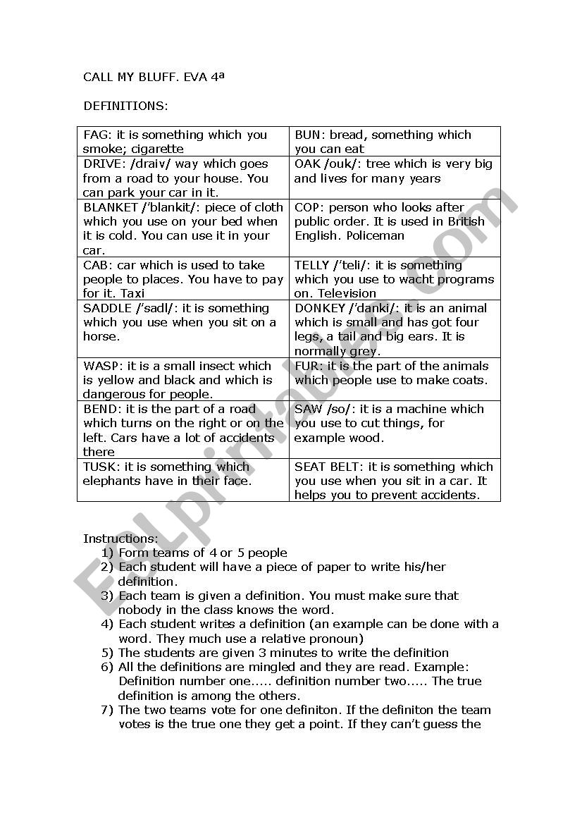 Call my bluff worksheet