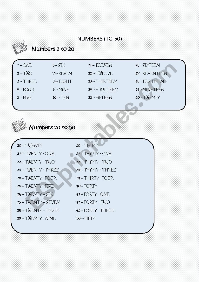 Numbers to 50 worksheet