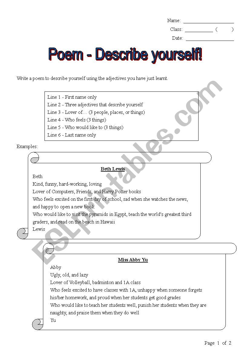 Poems - Describing yourself worksheet
