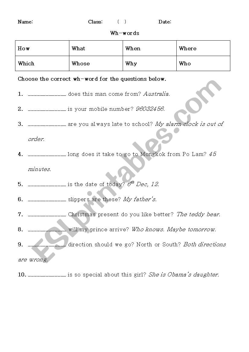 Wh- questions worksheet worksheet