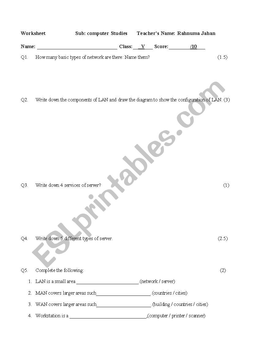 computer network worksheet