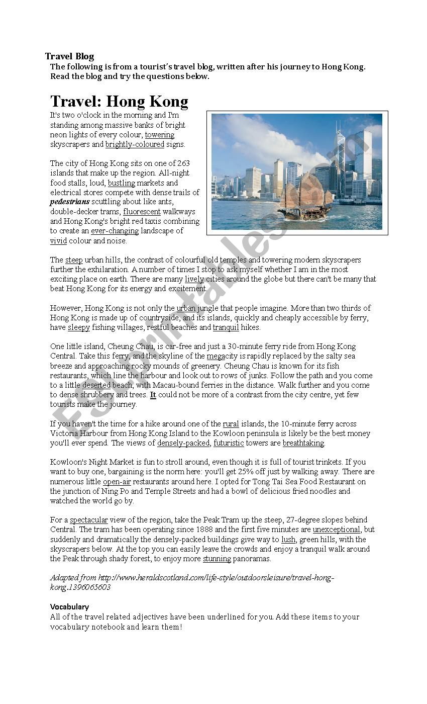 Hong Kong Travel Blog worksheet