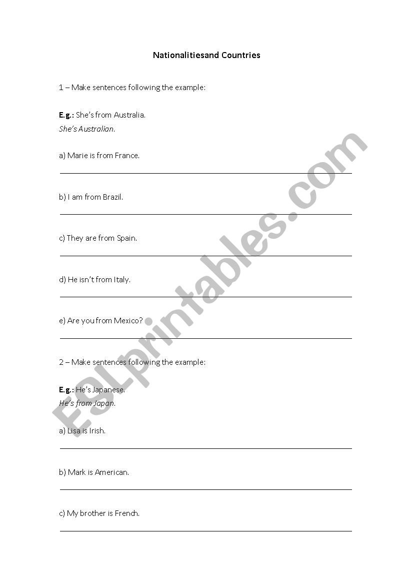 Nationalities and Counntries worksheet