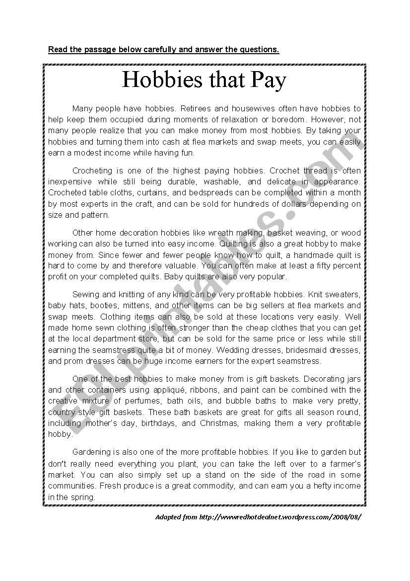 Hobbies that Pay Reading Comprehension 