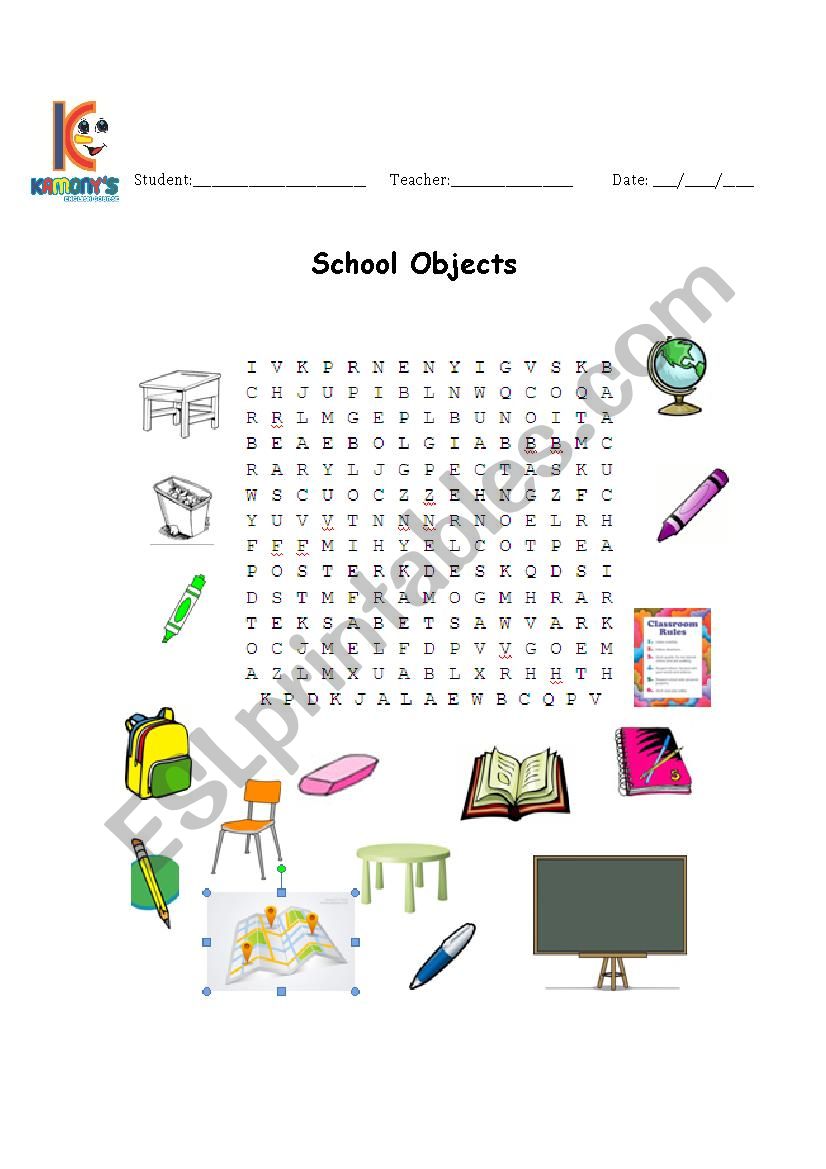 School Objects Wordsearch worksheet