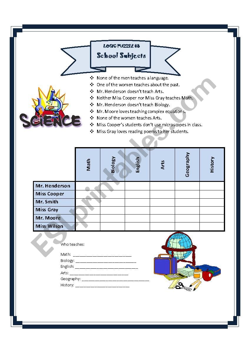 logic puzzle 8 - school subjects