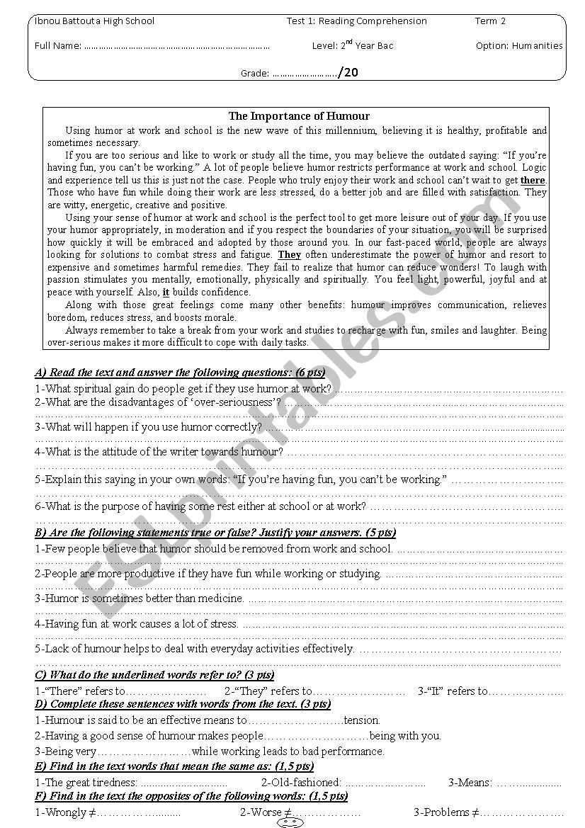 Reading Comprehension Test worksheet