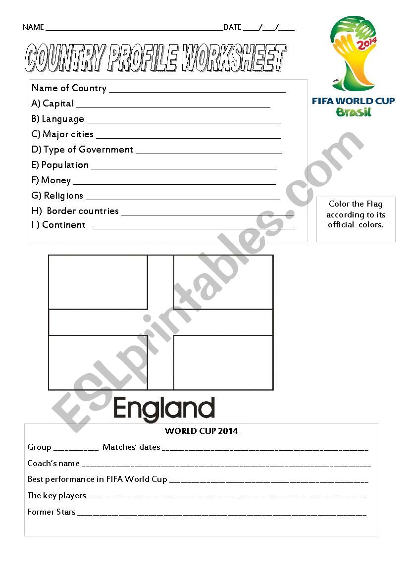 World Cup 2014 England worksheet