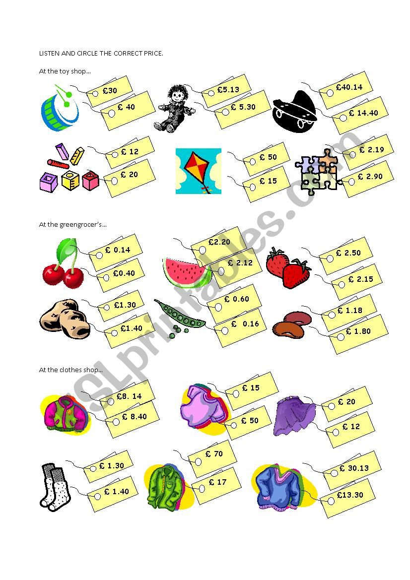 Choose the correct price worksheet