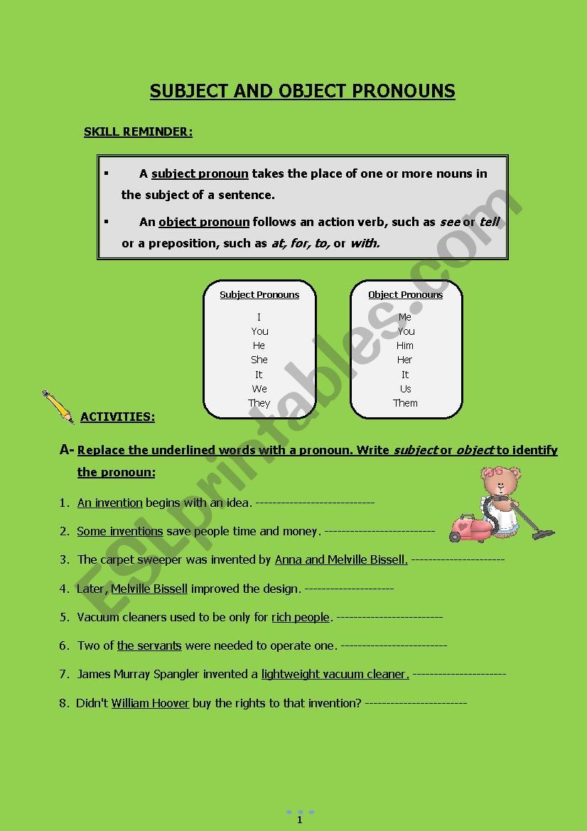 subject & object pronouns/ rules  and activities