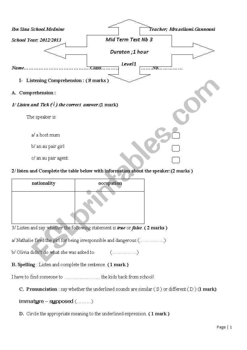 Mid Term Test Nb 5. First year