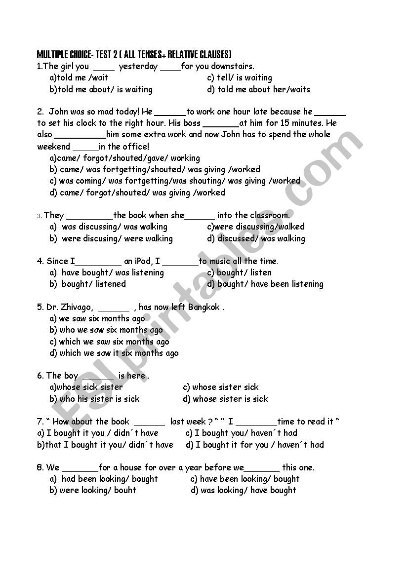 MULTIPLE CHOICE INTERMEDIATE ALL TENSES + RELATIVES (II)