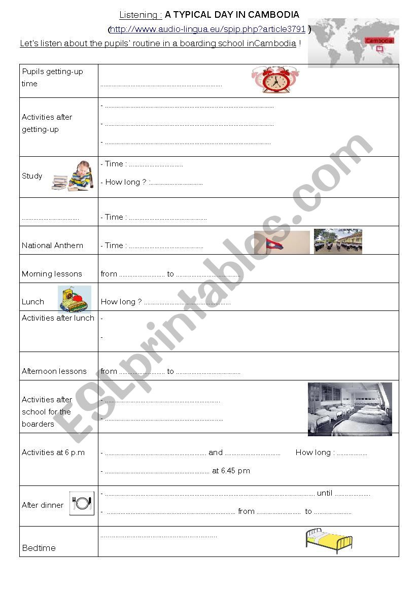 Listening : a day in Cambodia worksheet