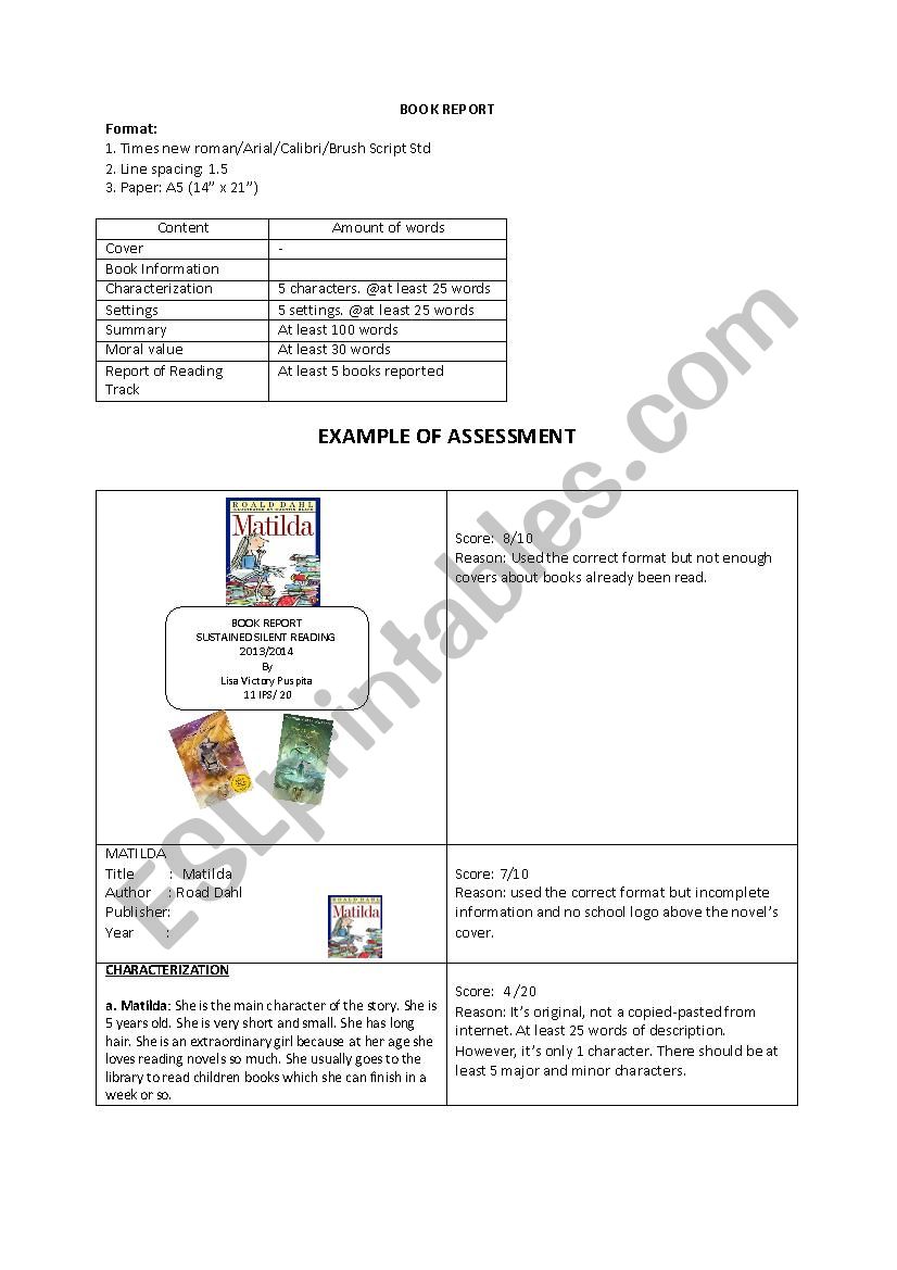 Task Sheet Book Report worksheet