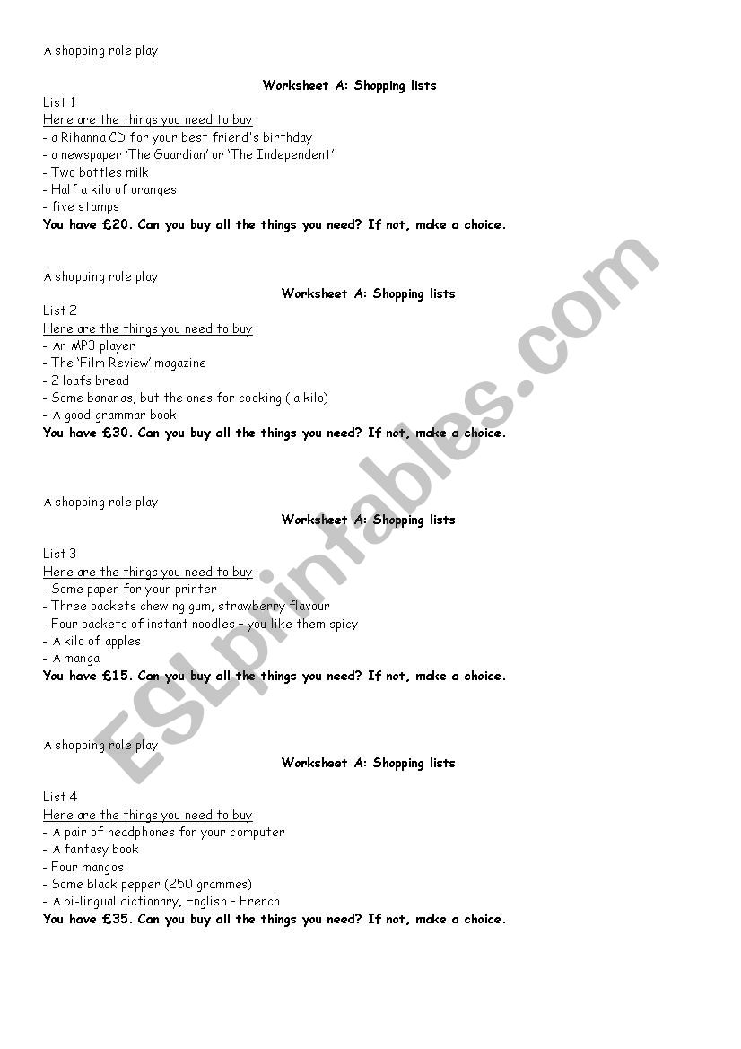 Role Play at the supermarket worksheet