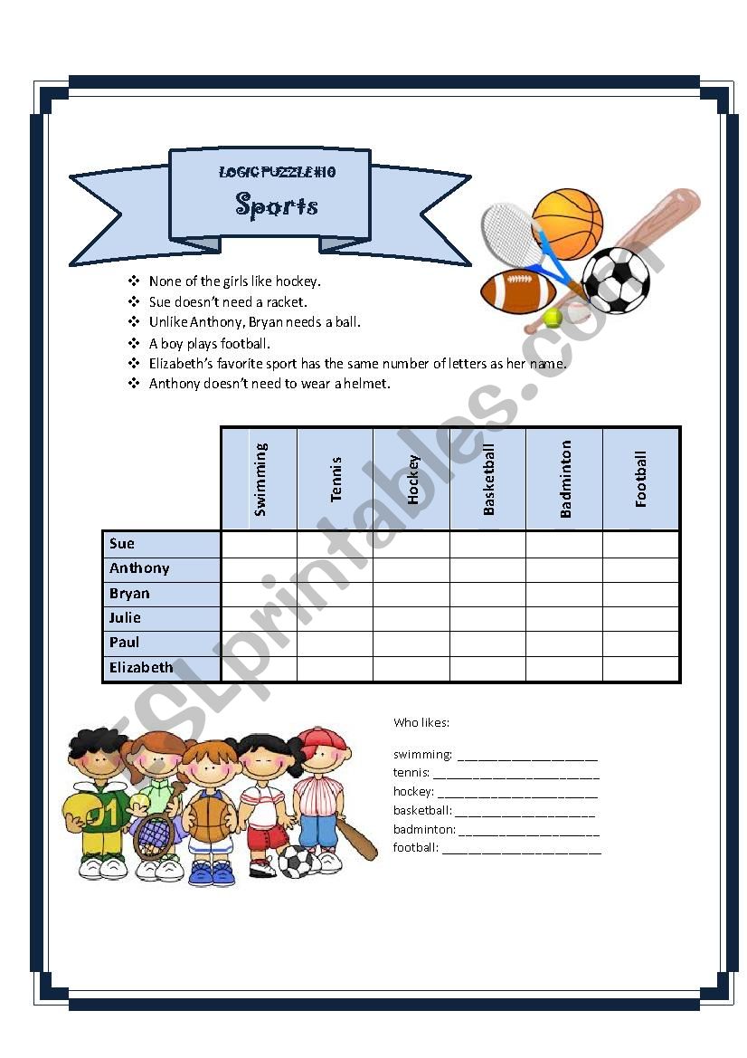 logic puzzle 10 - sports worksheet