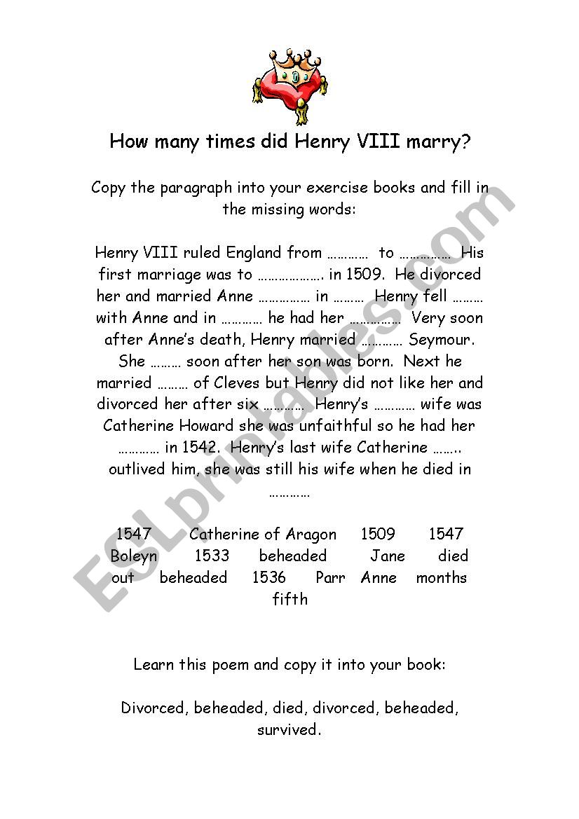 Hentry Viii wifes worksheet