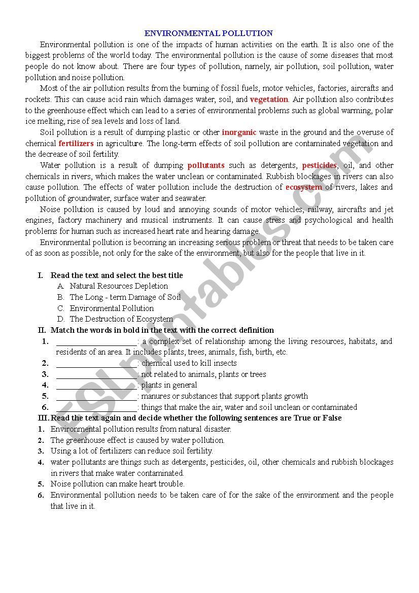 ENVIRONMENTAL POLLUTION worksheet