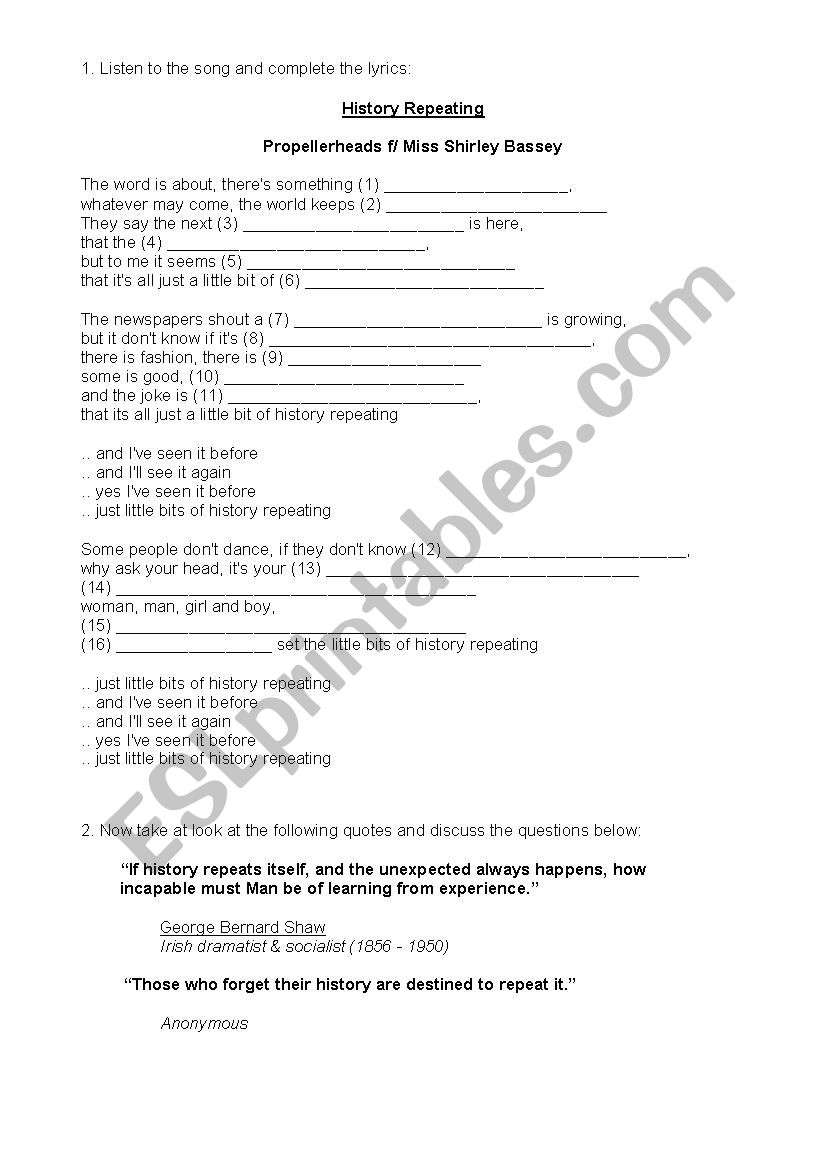 History Repeating worksheet