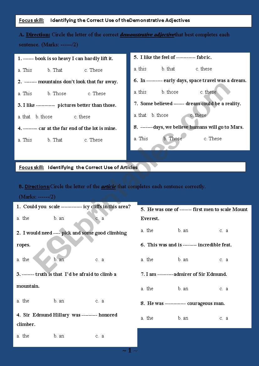 Grammar Test about Adjective/ demonstrative adjective/ articles/ comparative & superlative/