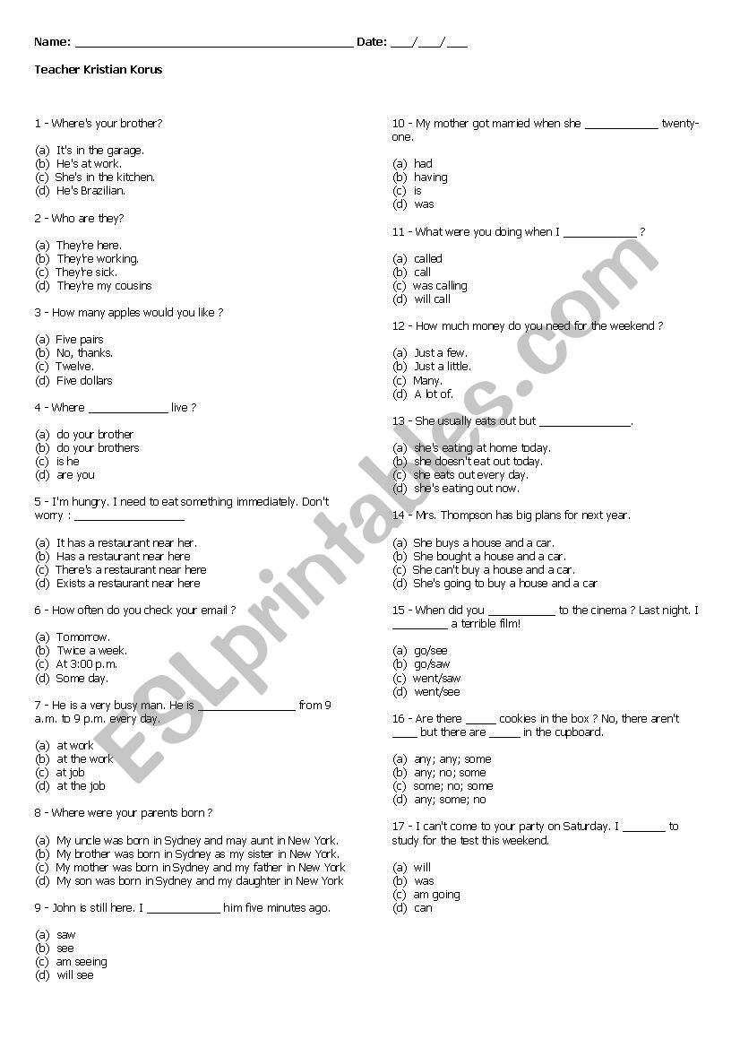 Placement Test worksheet