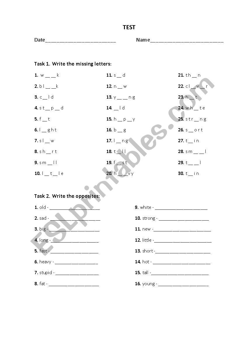 TEST ADJECTIVES worksheet