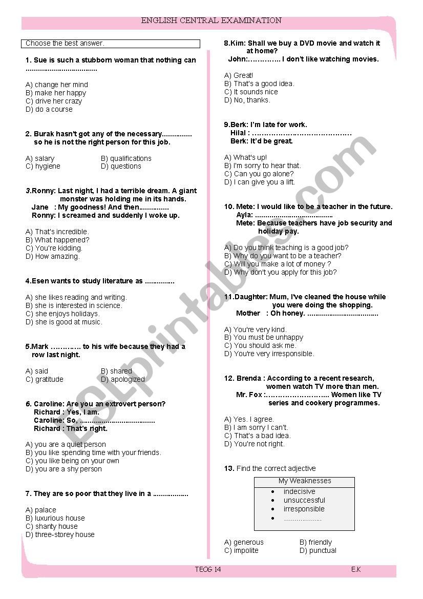 ENGLISH CENTRAL EXAM worksheet