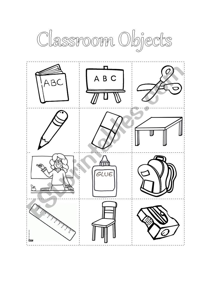 classroom object to coloring and cut esl worksheet by livelykathy