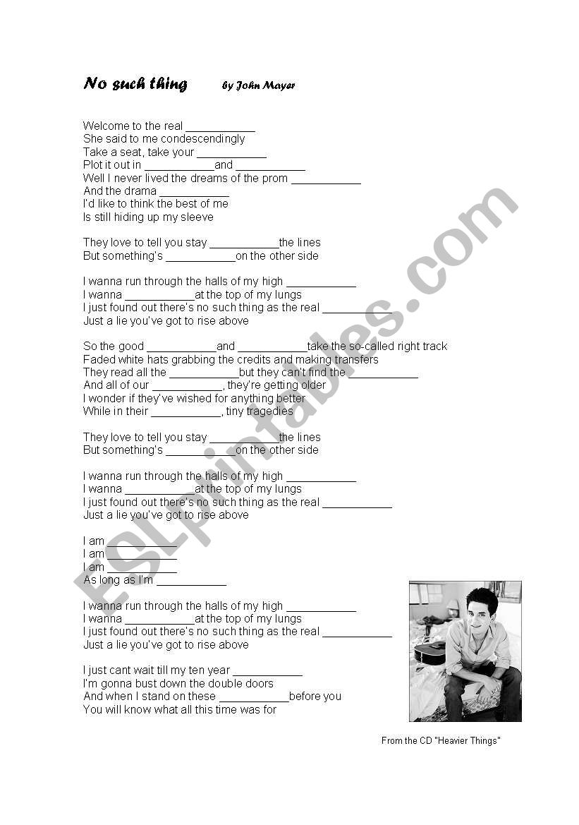 No Such Thing, by John Mayer worksheet