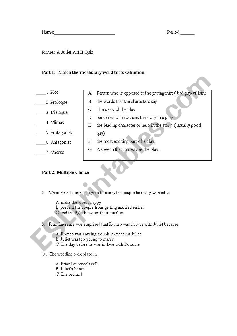 Romeo and JUliet Act 2 Quiz worksheet