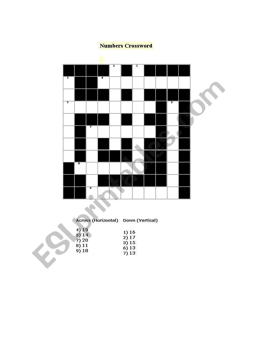 numbers crossword  worksheet