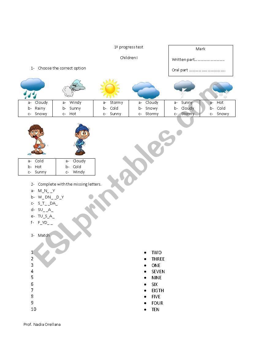 progress test weather, days of the week, 