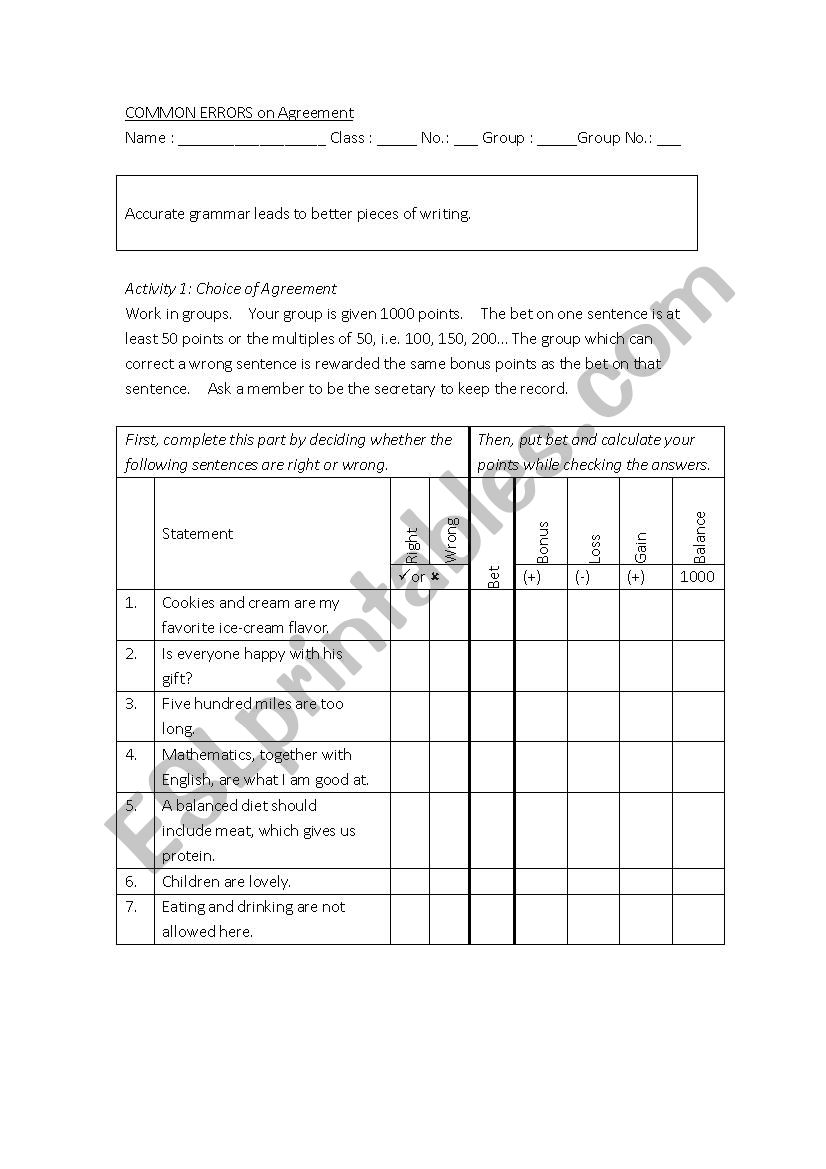 Common Errors on Agreement worksheet