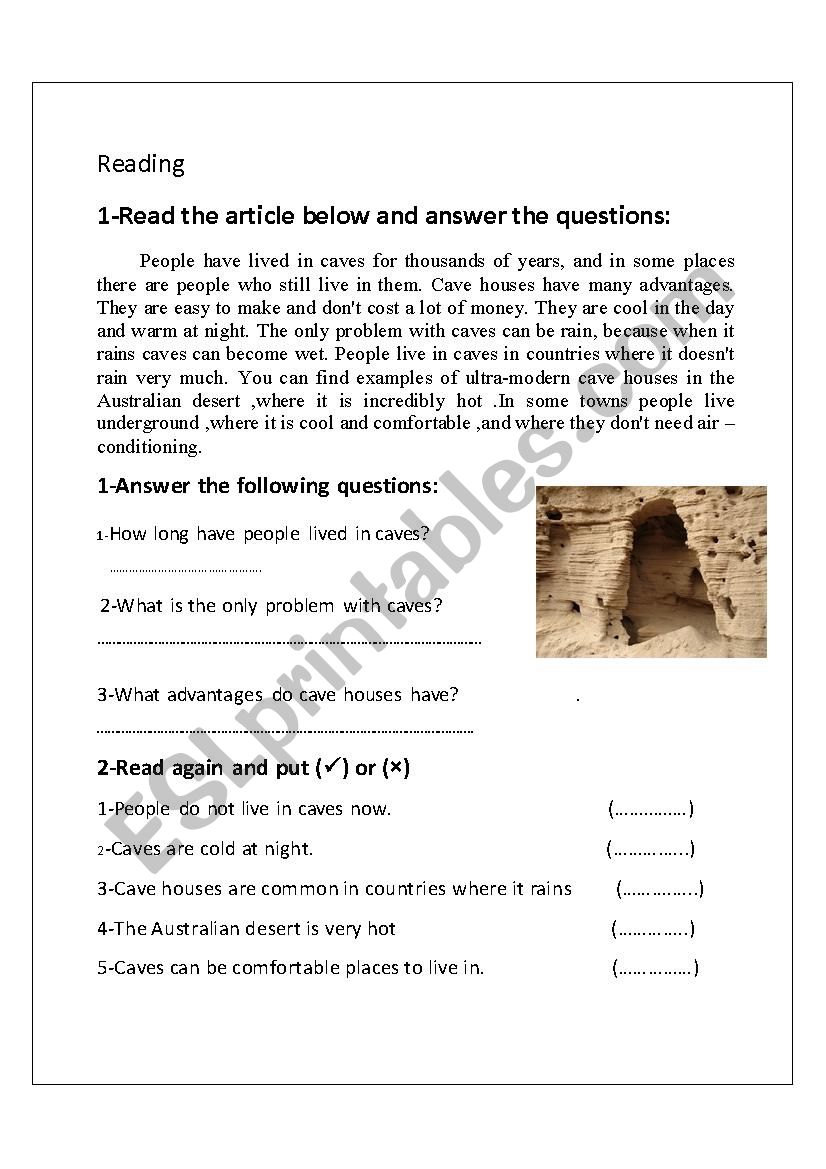  Areading passage a bout a country ( South Africa) and caves with  varied questions