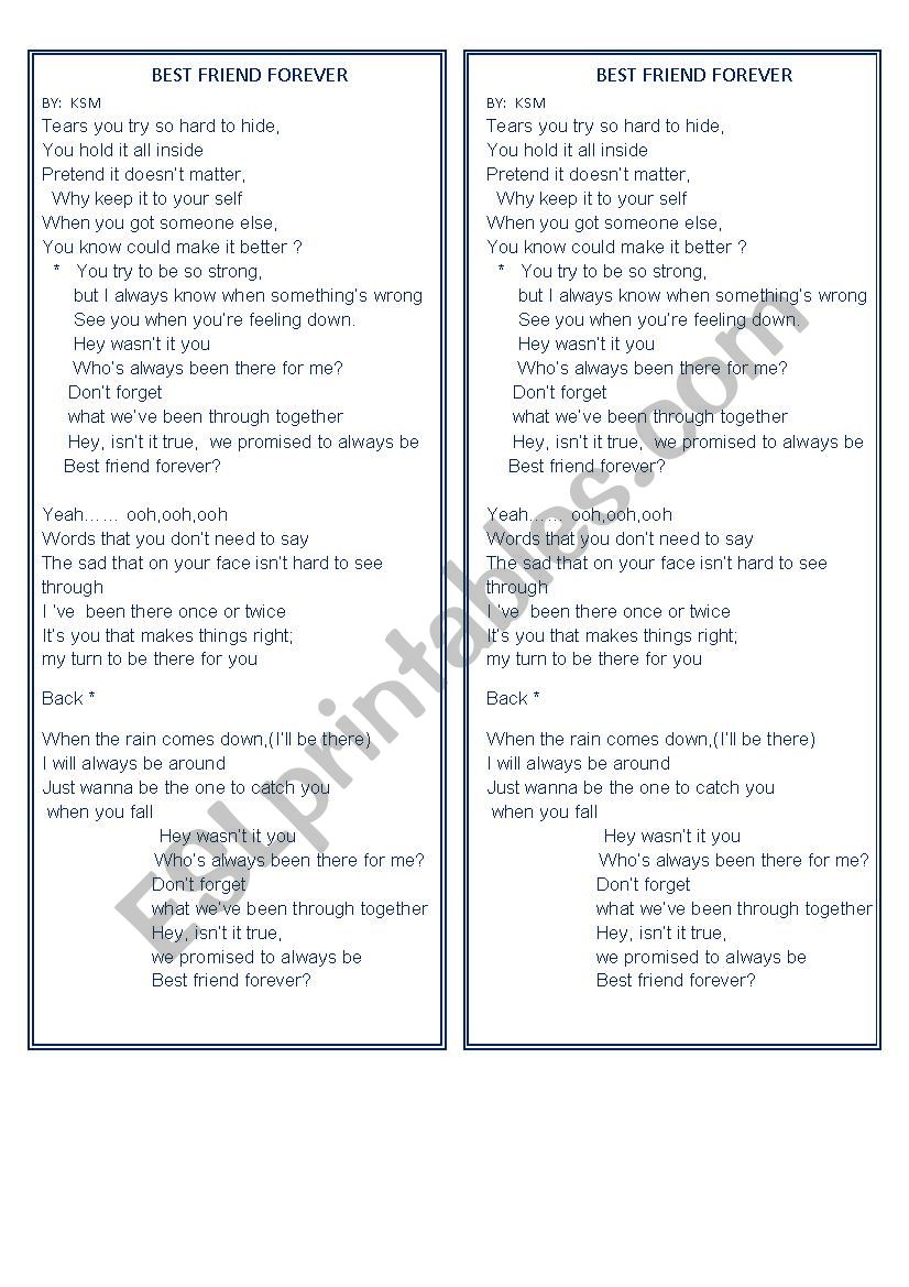 best friend forever lyric  worksheet