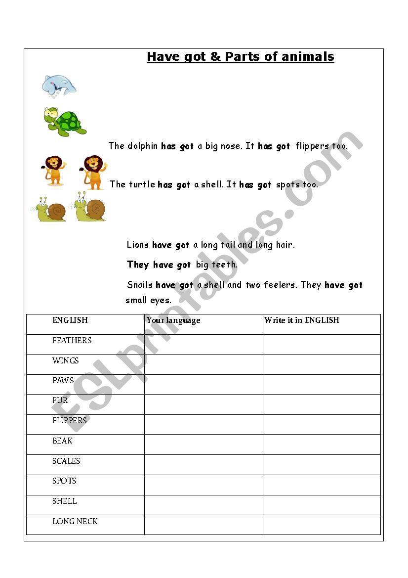 Parts of animals and HAVE GOT worksheet
