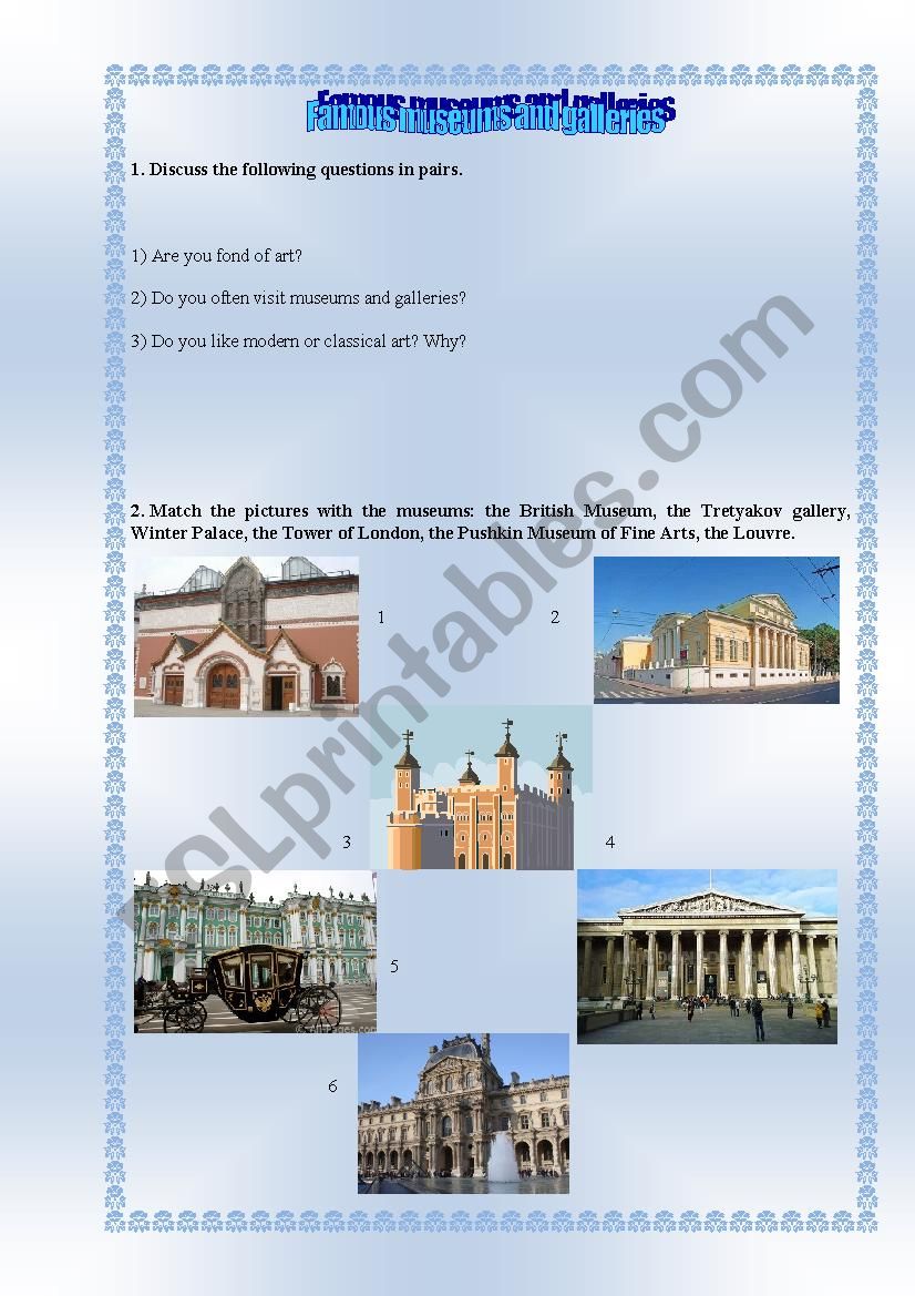 Famous museums and galleries worksheet