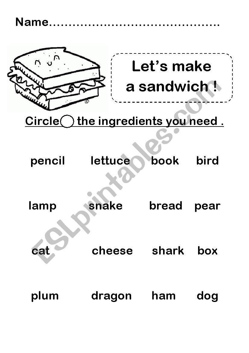 Sandwiches ingredients worksheet