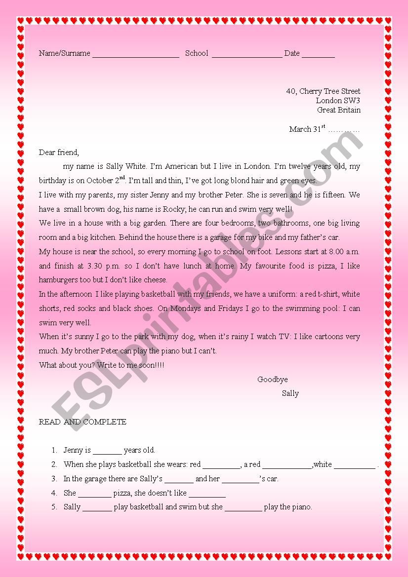 meet a new friend: Sally worksheet