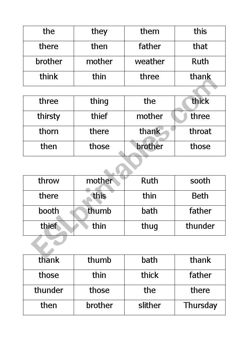 th-bingo worksheet